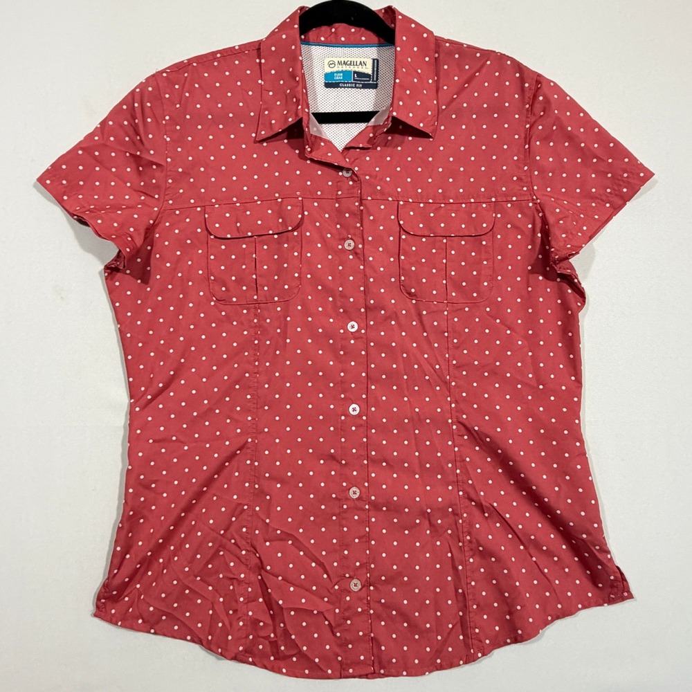 Magellan Fish Gear Shirt Women's L Red Polka Dot Short Sleeve Fishing Hiking Top